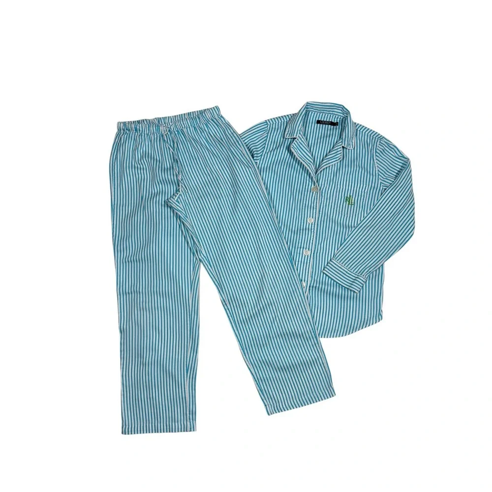 Lauren Ralph Lauren Women's Blue White Striped Cotton Pajama Set Size M RLL Logo